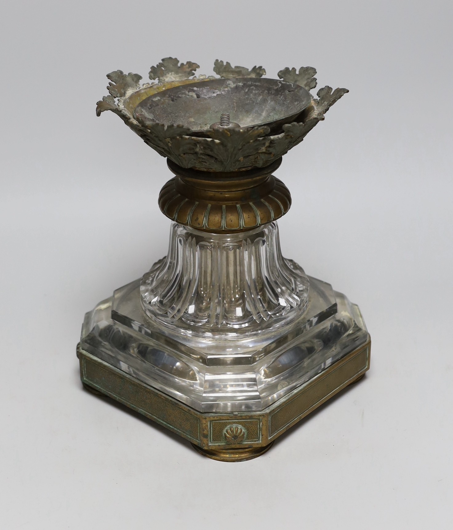 A 19th century Baccarat glass and brass pedestal base from a large table centre, small Baccarat stamp to centre of base underneath, 27cms high